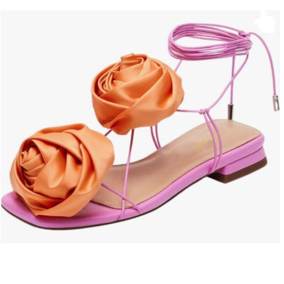 FOWT Purple Orange Flowers Open Toe Sandals Sexy Lace up Flats Dressy Shoes - Picture 1 of 8